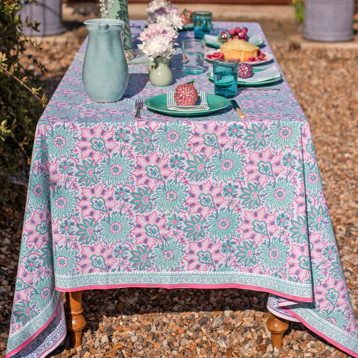 DAHLIA Turquoise Blockprint Tablecloth