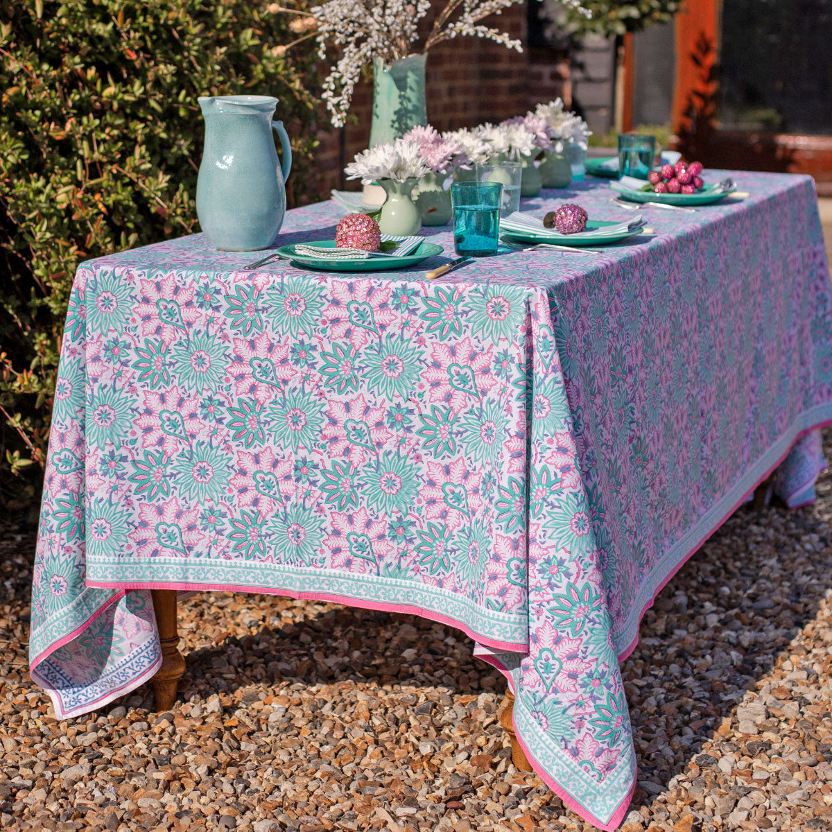 DAHLIA Turquoise Blockprint Tablecloth