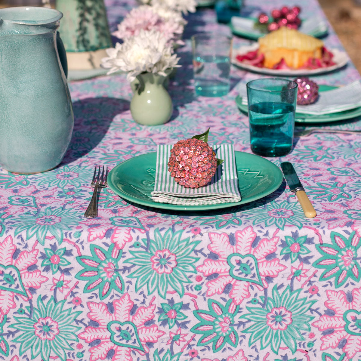 DAHLIA Turquoise Blockprint Tablecloth