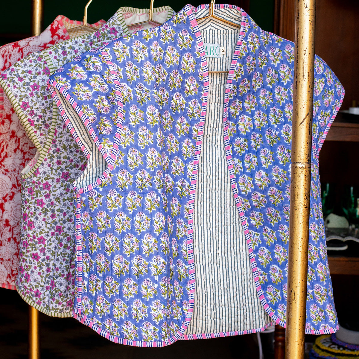 blockprint jackets, quilted jackets, quilted gilets, block print gilets, block print waistcoats, cotton waistcoats