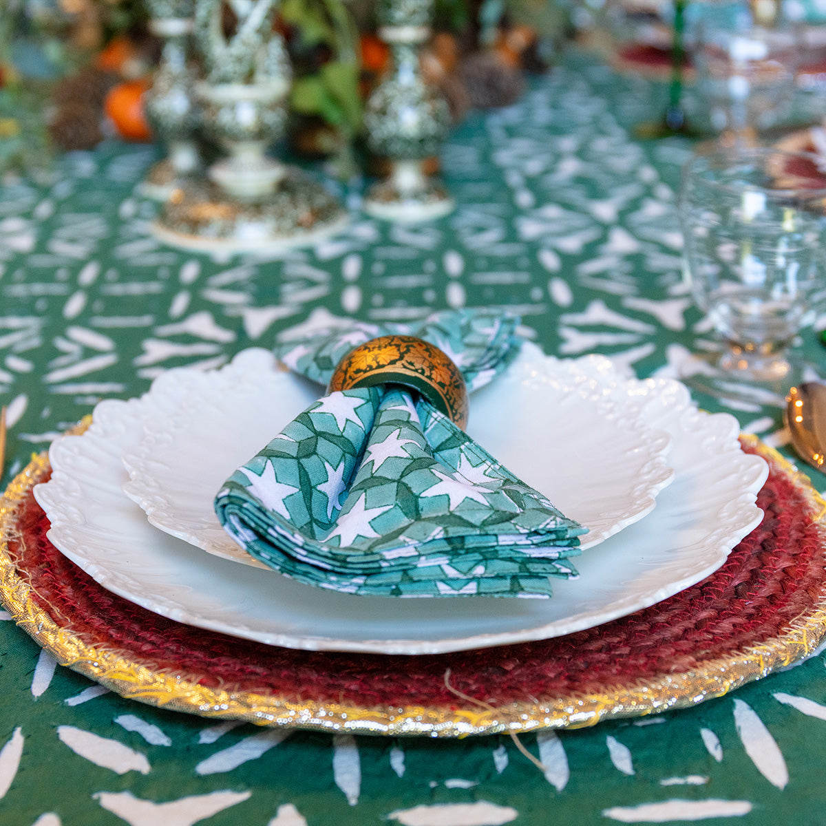 MALAIKA Holly Green Applique Tablecloth