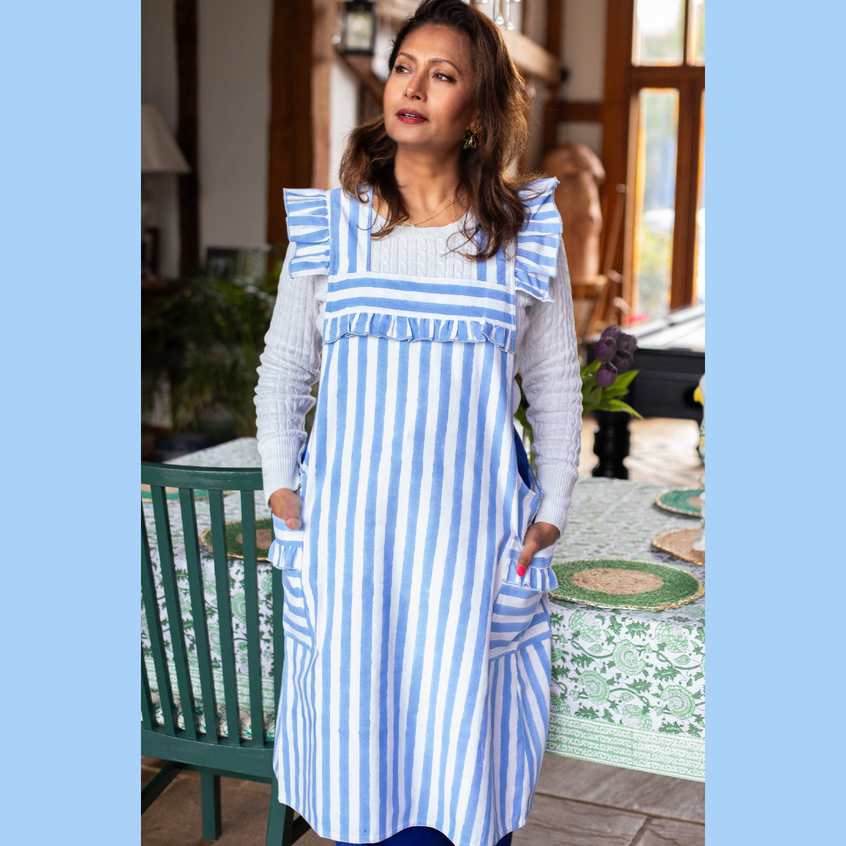 NEELI Stripe Cross Back Blockprint Apron