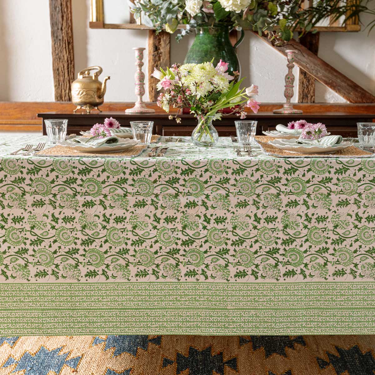 SUZANI Eden Green Blockprint Tablecloth