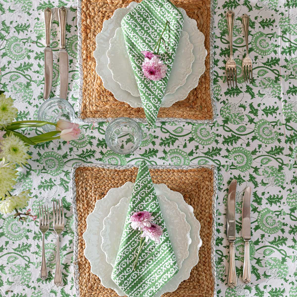 SUZANI Eden Green Blockprint Tablecloth