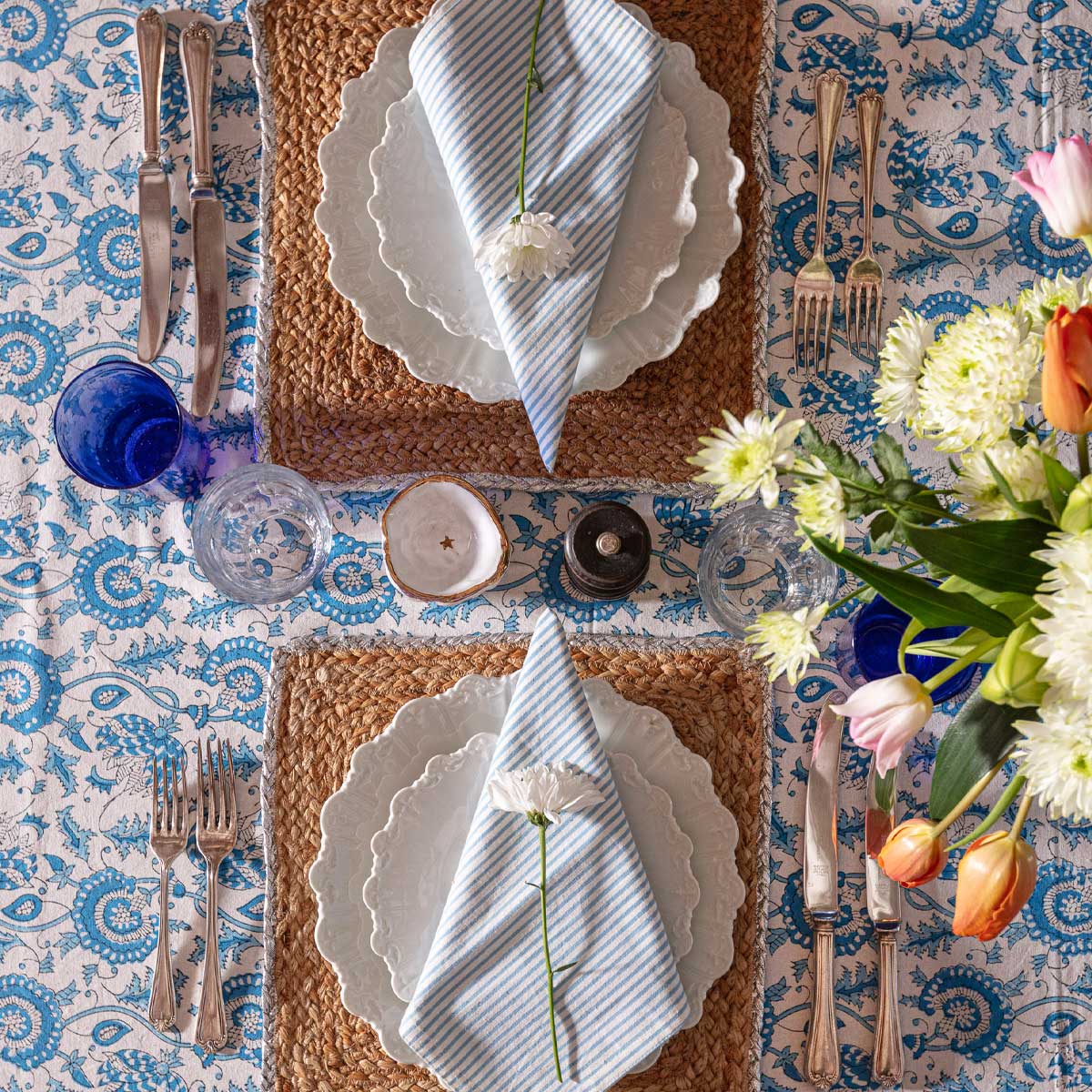 block print tablecloth, SUZANI Lapis Blockprint Tablecloth, Block Printed Linen, faro tablecloths,  cotton block printed tablecloths, blockprint tablecloths, Indian blockprint tablecloths, block print tablecloths uk,