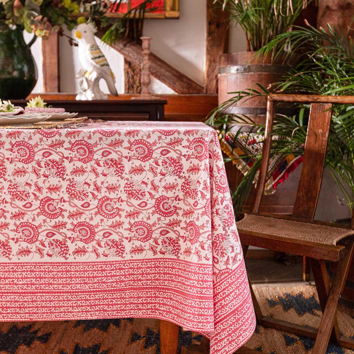 SUZANI Rose Pink Blockprint Tablecloth