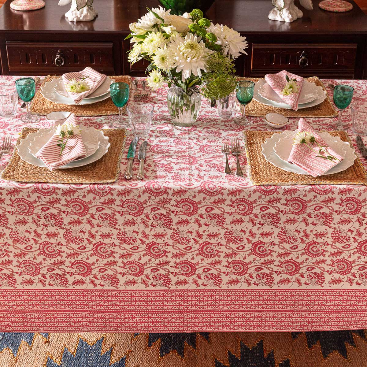 SUZANI Rose Pink Blockprint Tablecloth