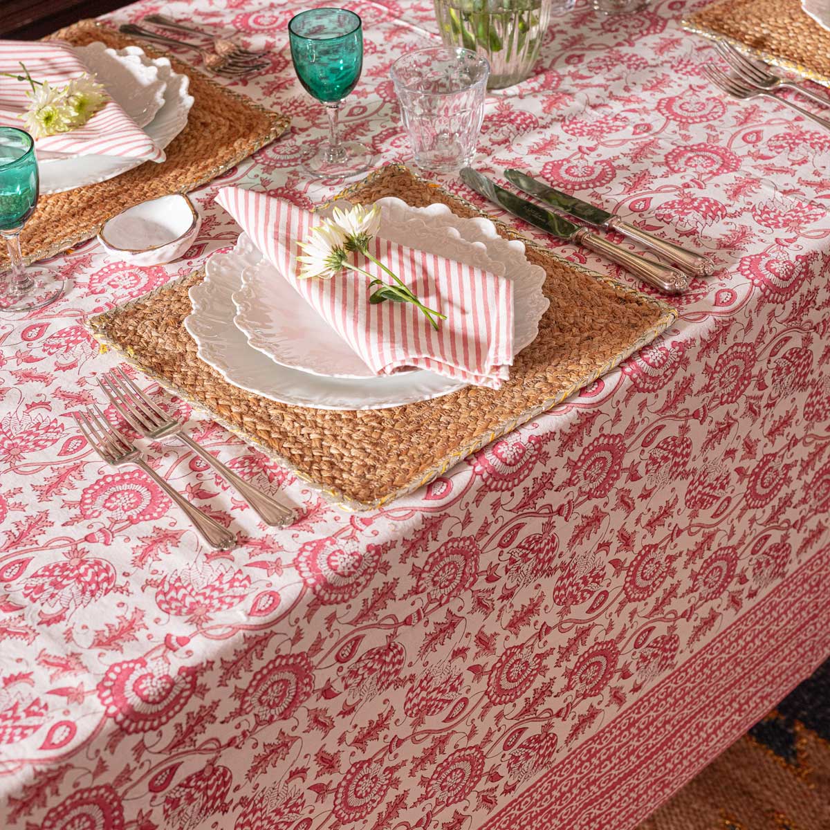 SUZANI Rose Pink Blockprint Tablecloth