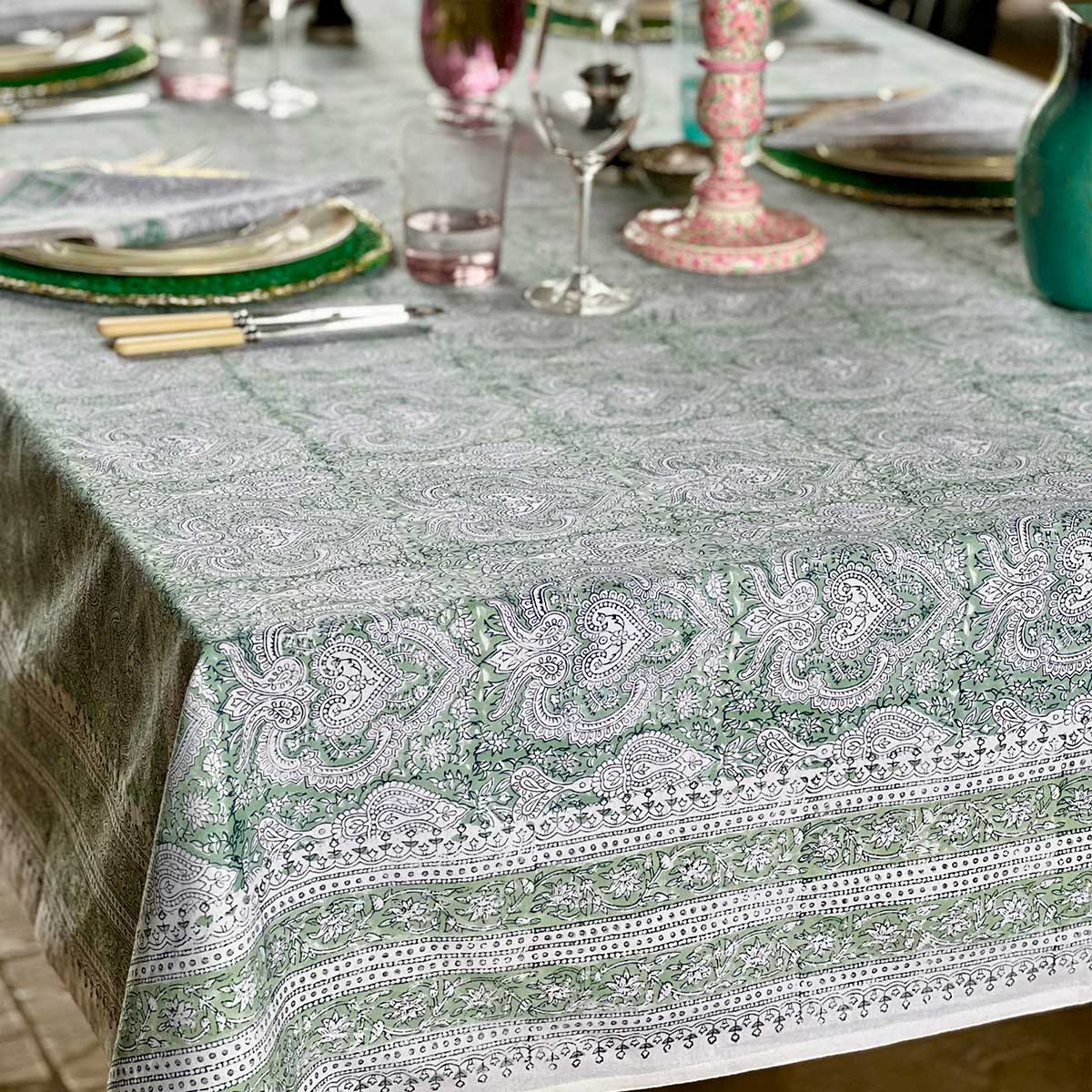 BAROQUE JADE Blockprint Tablecloth