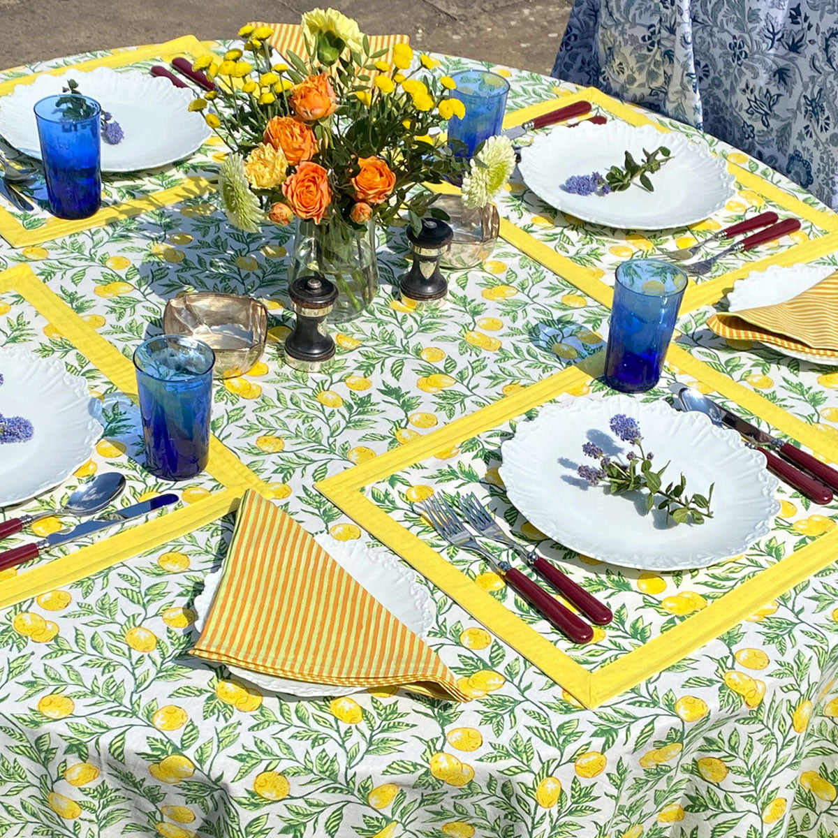 Block print table linen, block print tablecloths, tablecloths, jaipur tablecloths, round tablecloths, printed tablecloths, lemon