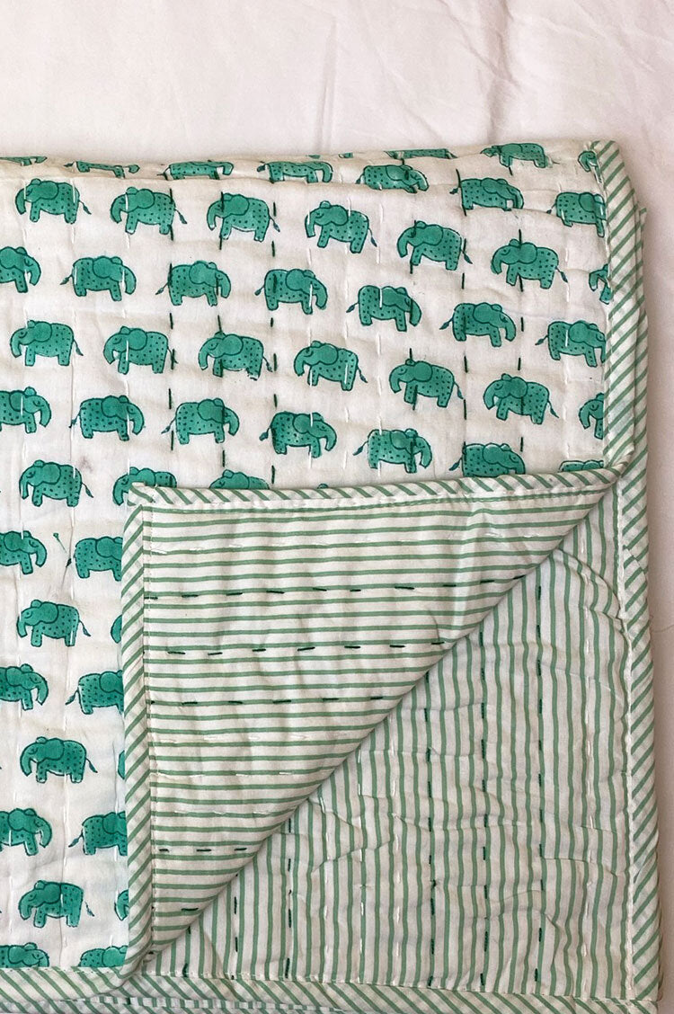 TEAL ELE Blockprint Reversible Baby Quilt