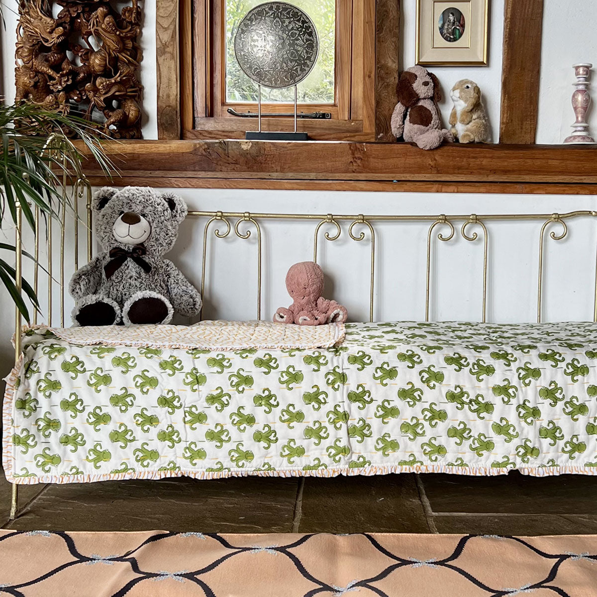 cot quilts, children's bedding, junior quilts, blockprint baby quilts, kantha baby quilts