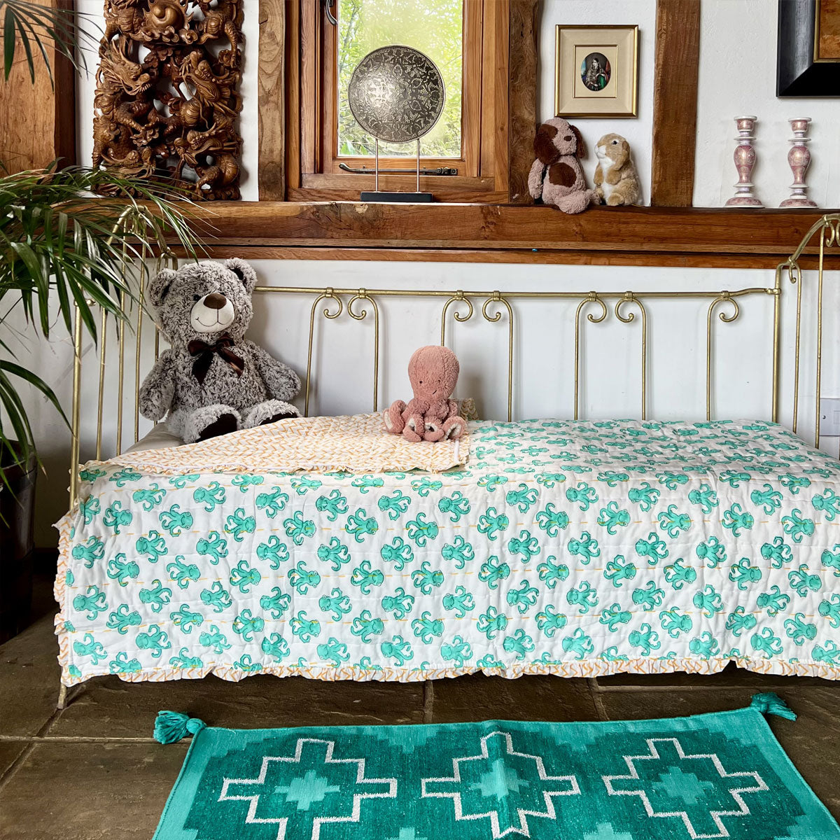 cot quilts, children's bedding, junior quilts, blockprint baby quilts, kantha baby quilts
