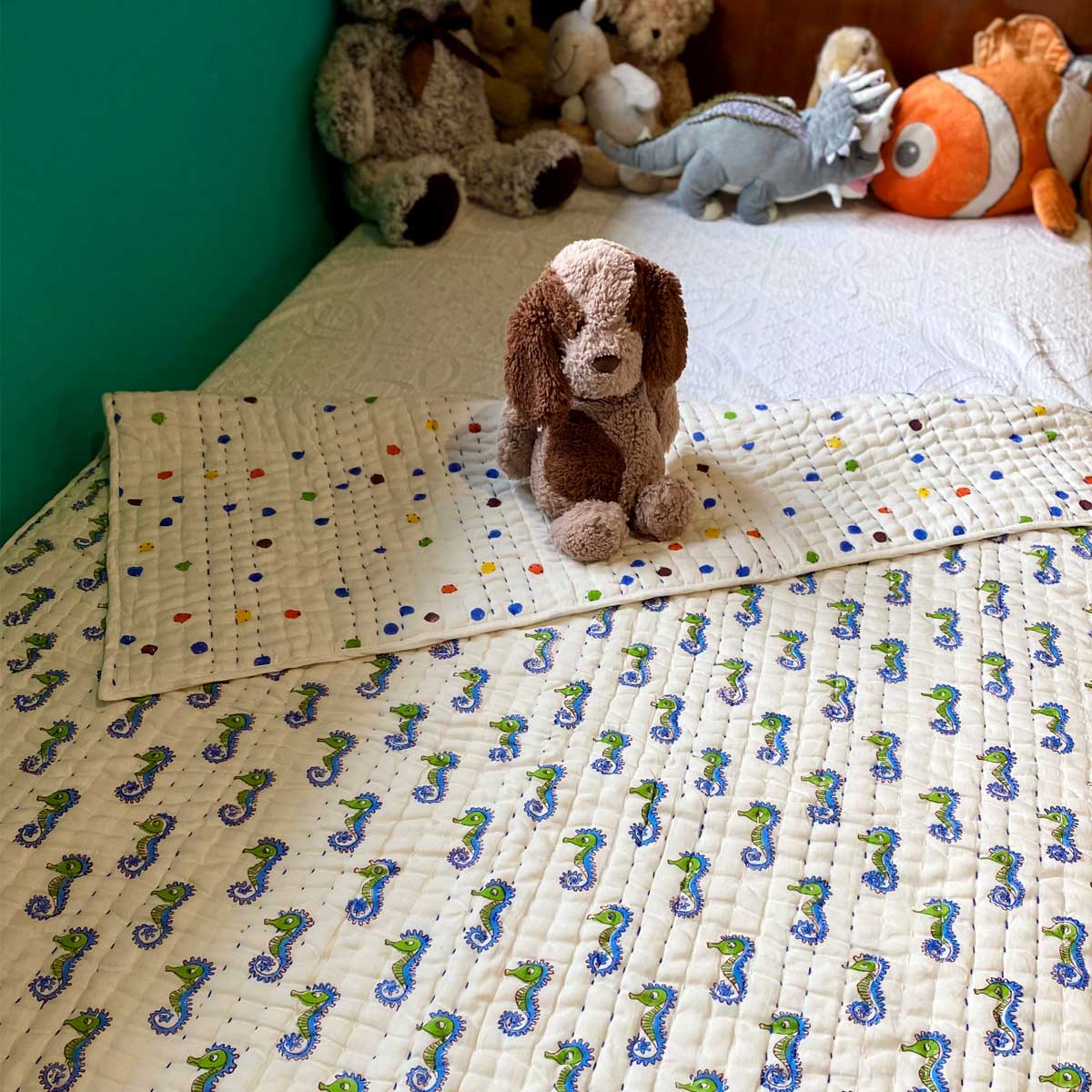 cot quilts, children's bedding, junior quilts, blockprint baby quilts, kantha baby quilts