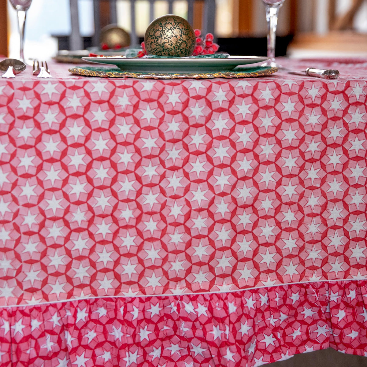 SITARA Ruby Ruffle Blockprint Tablecloth