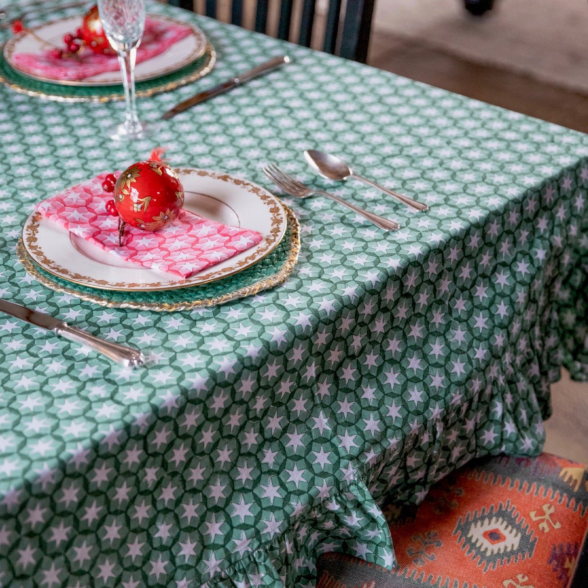 SITARA Holly Green Ruffle Blockprint Tablecloth