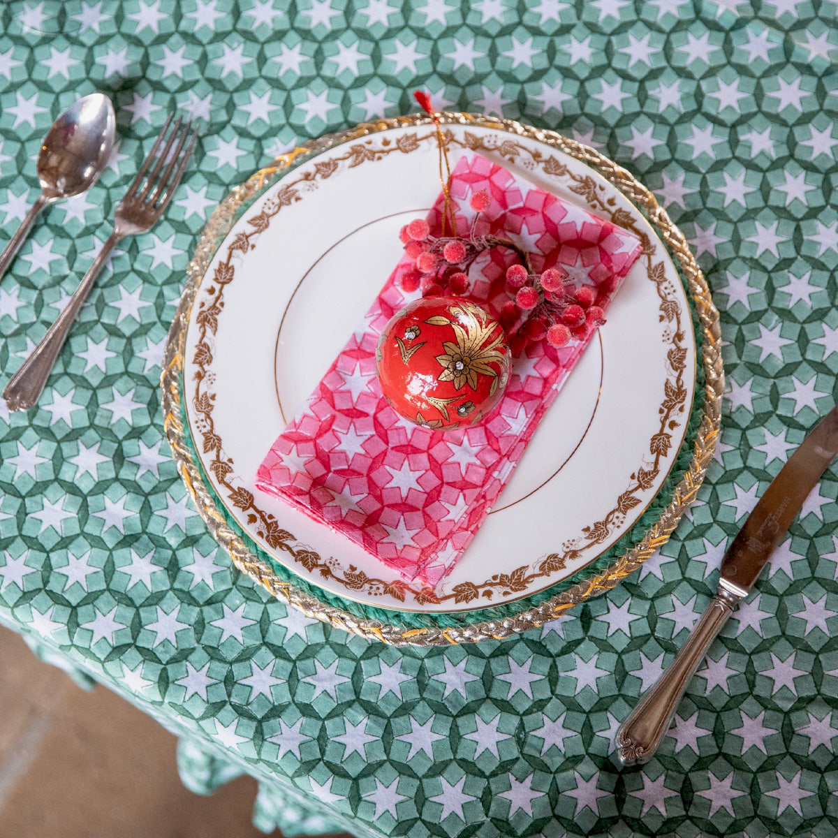 SITARA Holly Green Ruffle Blockprint Tablecloth