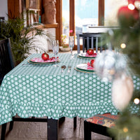 SITARA Holly Green Ruffle Blockprint Tablecloth