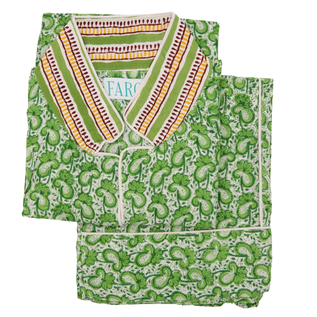 LUNA Verde Blockprint Long Cotton Pyjamas