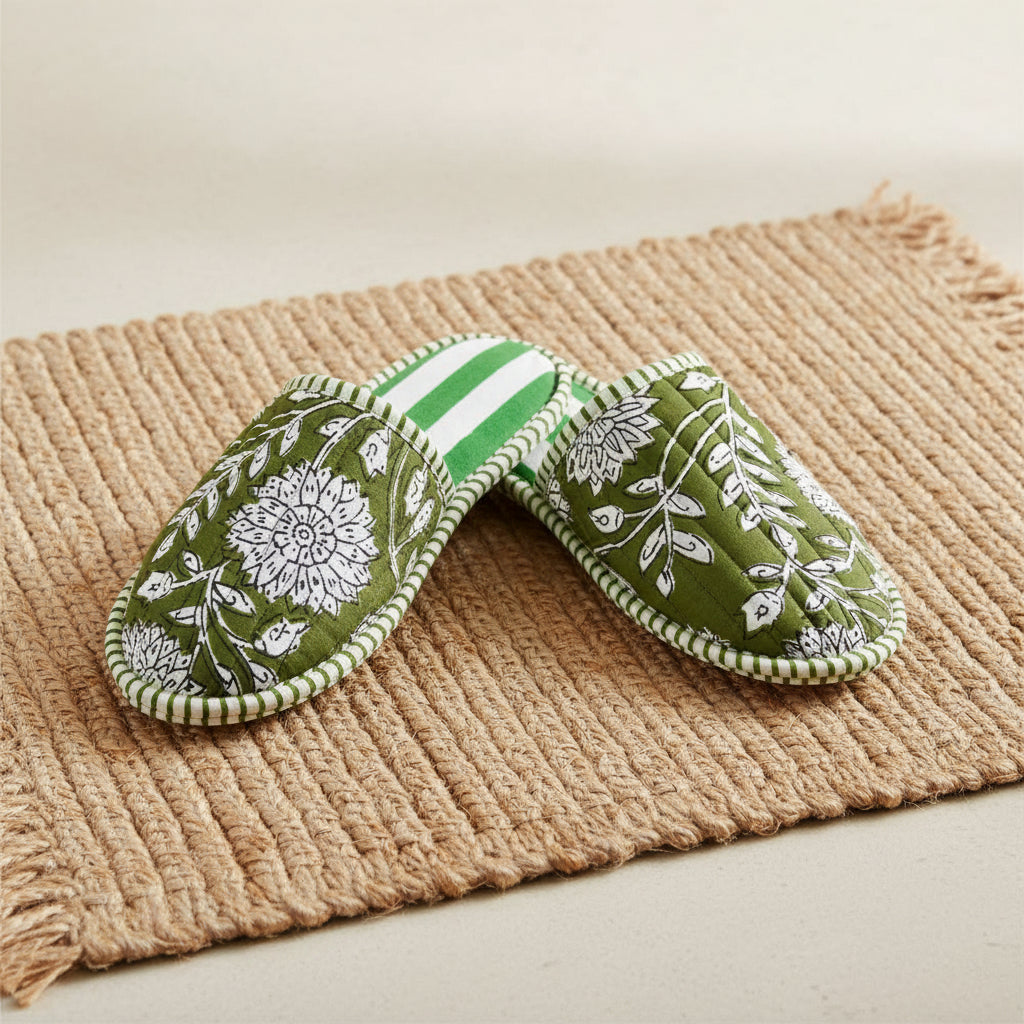 ZINAT OLIVE Blockprint Quilted Slippers