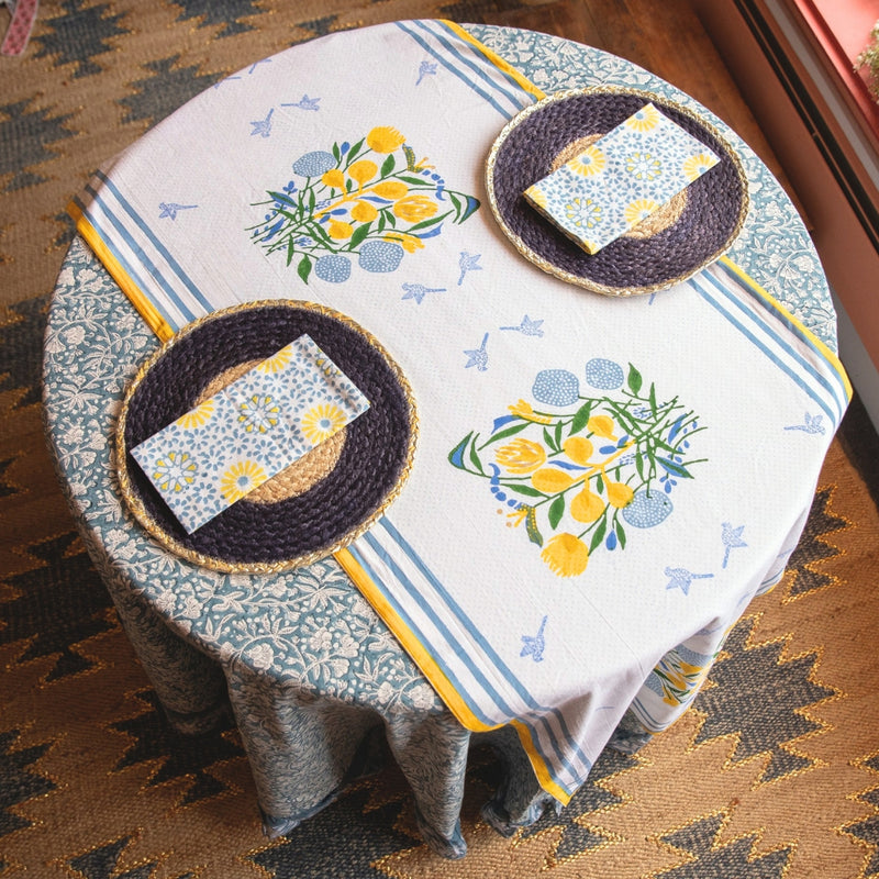 BIRDSONG powder blue and yellow Blockprint Table Runner