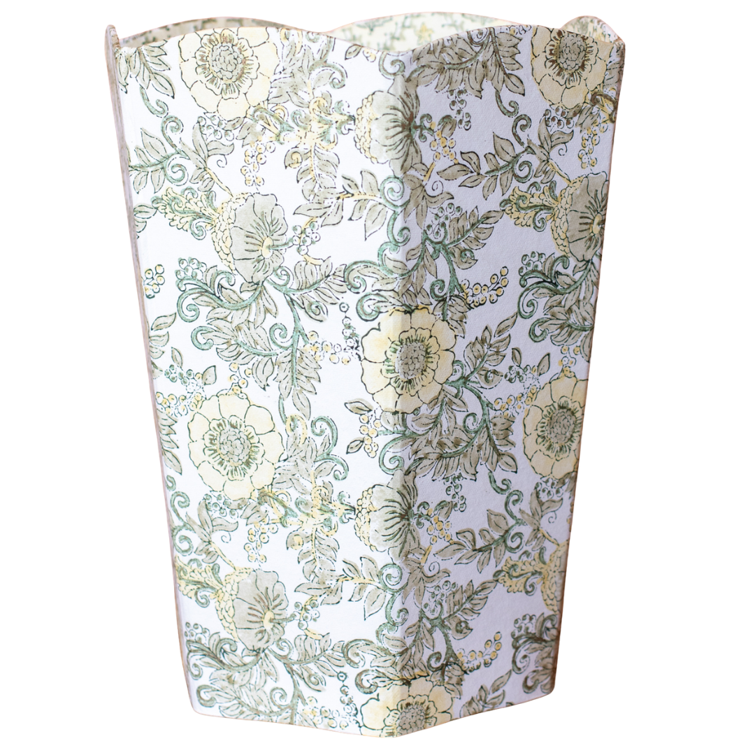 Floral-patterned blockprint paper waste basket