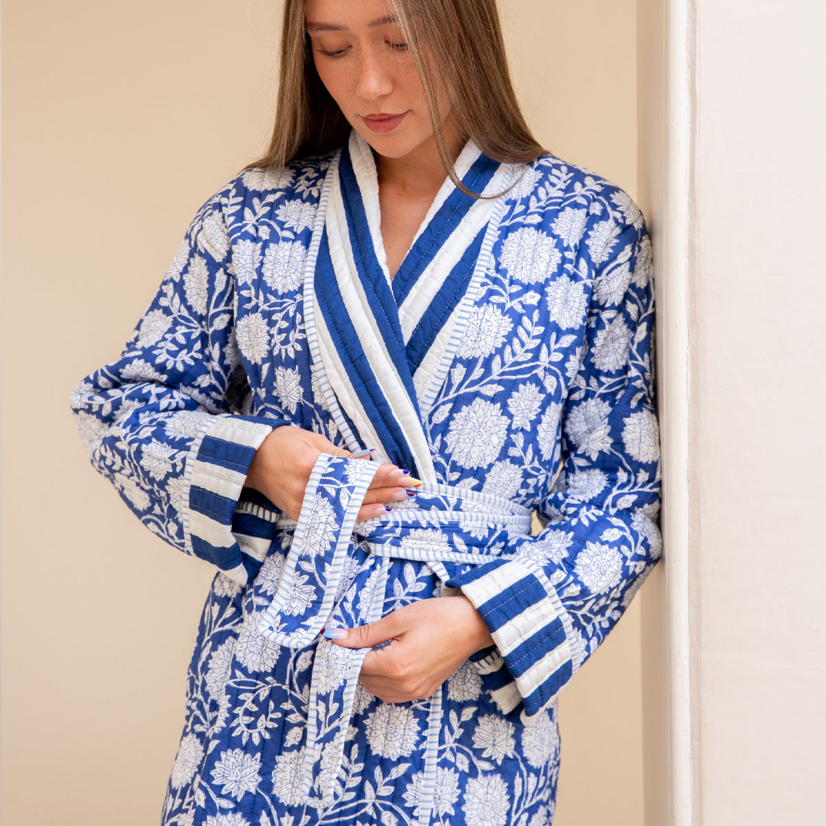 ZINAT BLUE Quilted Long Dressing Gown