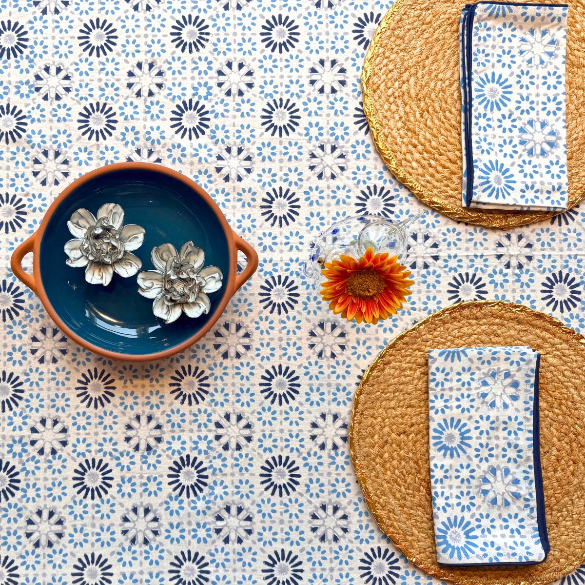 CHAKRA BLUE FARO Blockprint Tablecloth
