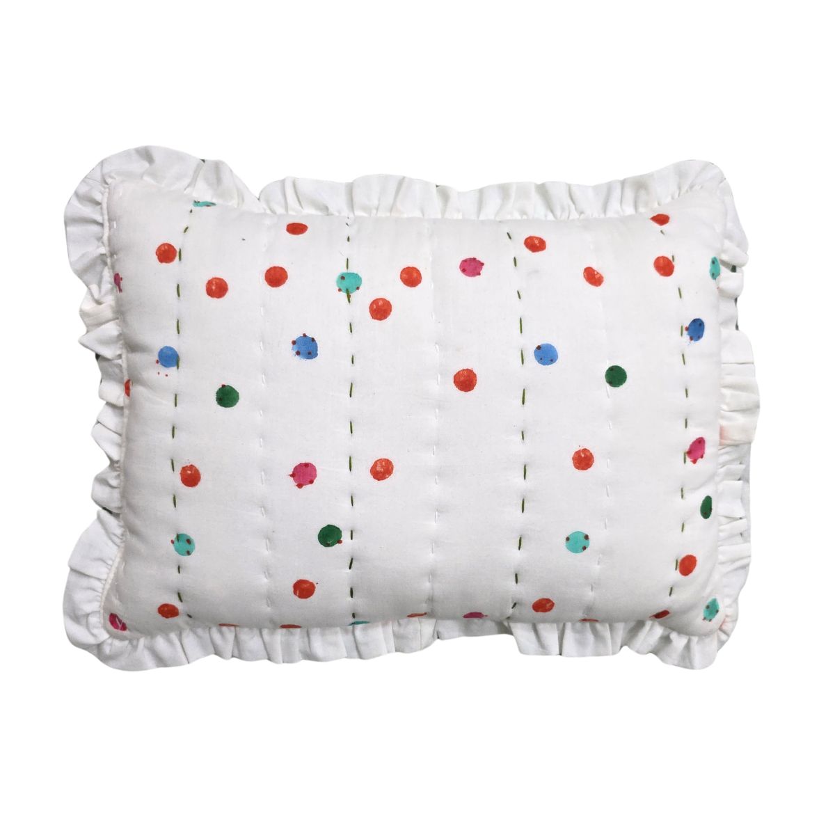 A white ruffled lumbar pillow with vertical dashed stitching and scattered colorful embroidered dots in red, blue, green, and pink, shown against a plain white background.
