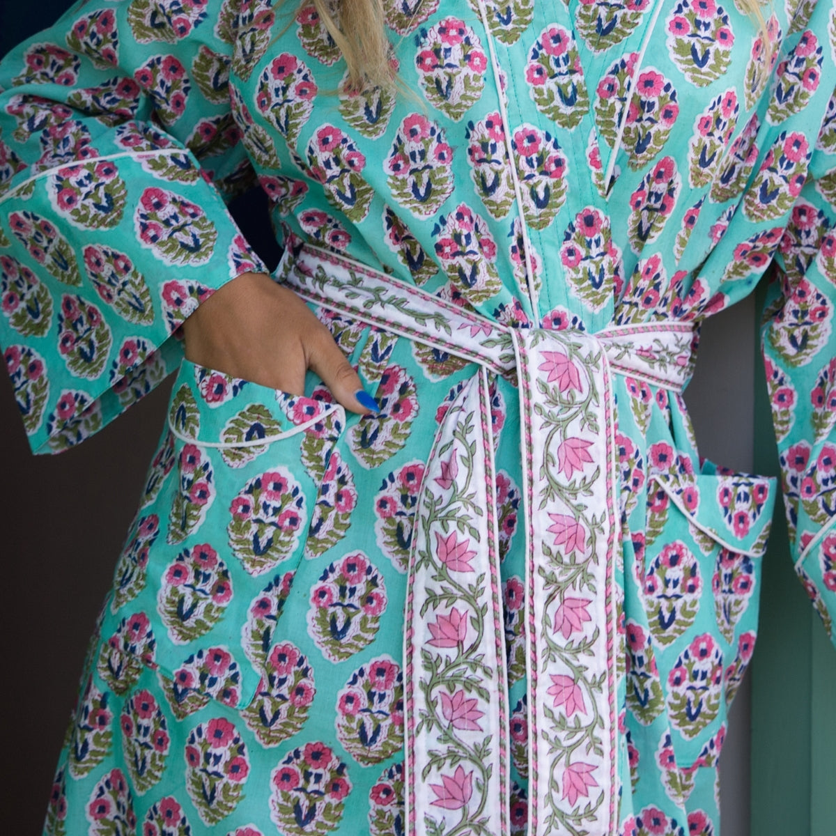 FLORENCE Turquoise Blockprint Dressing Gown