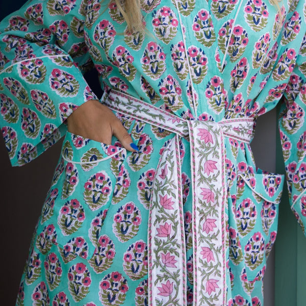FLORENCE Turquoise Blockprint Dressing Gown