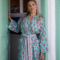 FLORENCE Turquoise Blockprint Dressing Gown