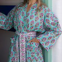 FLORENCE Turquoise Blockprint Dressing Gown