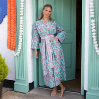 FLORENCE Turquoise Blockprint Dressing Gown