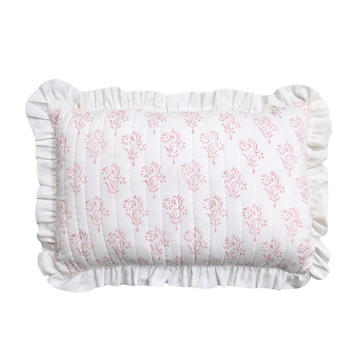 A square white pillow with a pink floral block print pattern and ruffled trim on all sides, shown against a plain white background.