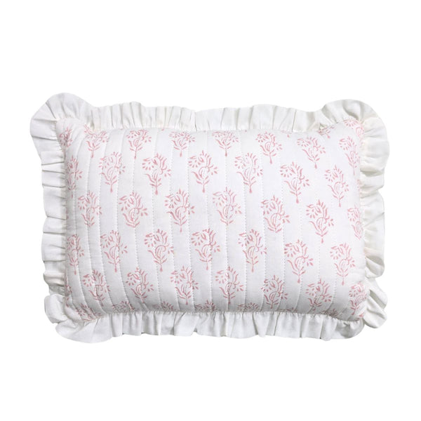 A square white pillow with a pink floral block print pattern and ruffled trim on all sides, shown against a plain white background.