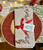 HOLLY BERRIES Embroidered Linen Napkins