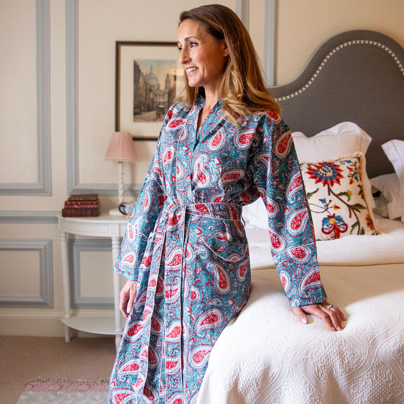 Cotton dressing gowns, summer dressing gowns, blockprint dressing gowns, summer kimonos, block print kimonos, blockprint kimonos, beach wraps