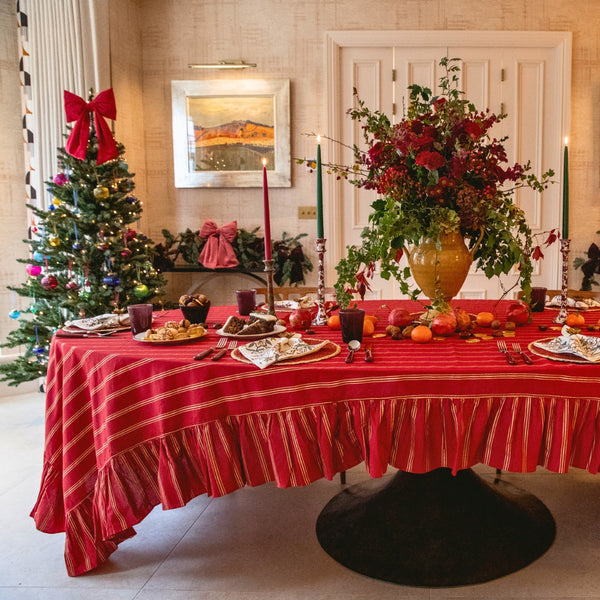 Christmas burgundy and gold stripes ruffle tablecloth by faro home