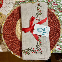 HOLLY BERRIES Embroidered Linen Napkins