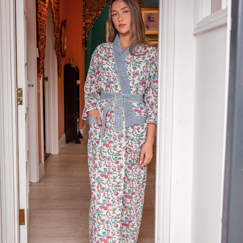 Cotton dressing gowns, summer dressing gowns, blockprint dressing gowns, summer kimonos, block print kimonos, blockprint kimonos, beach wraps