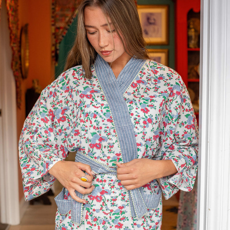Cotton dressing gowns, summer dressing gowns, blockprint dressing gowns, summer kimonos, block print kimonos, blockprint kimonos, beach wraps