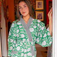 Cotton dressing gowns, summer dressing gowns, blockprint dressing gowns, summer kimonos, block print kimonos, blockprint kimonos, beach wraps