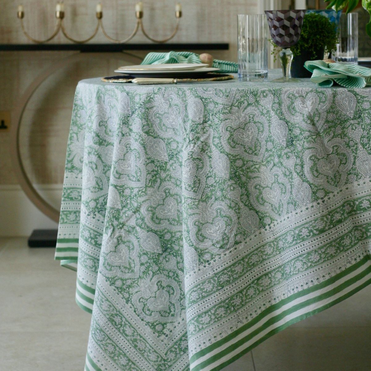 BAROQUE JADE Blockprint Tablecloth