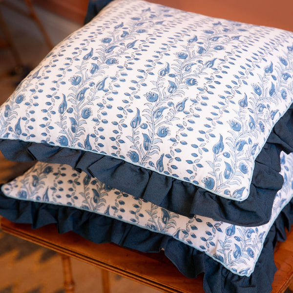 blockprint square cushions, Ruffle cushions, blockprint ruffle cushions, bed cushions, garden cushions
