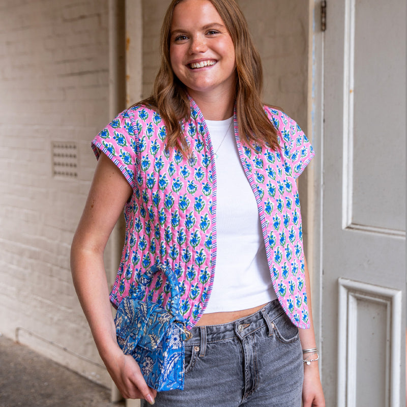 blockprint jackets, quilted jackets, quilted gilets, block print gilets, block print waistcoats, cotton waistcoats