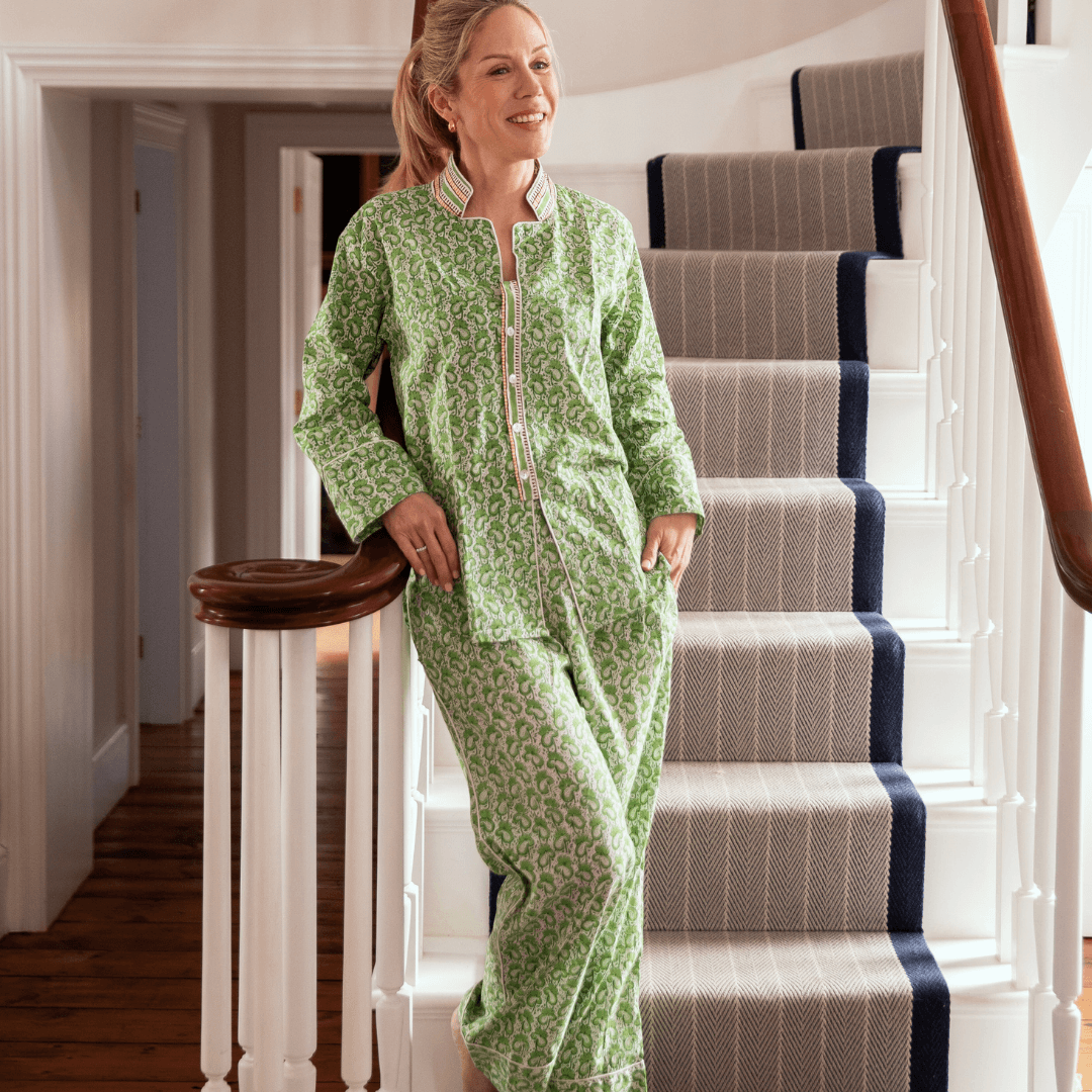 LUNA Verde Blockprint Long Cotton Pyjamas