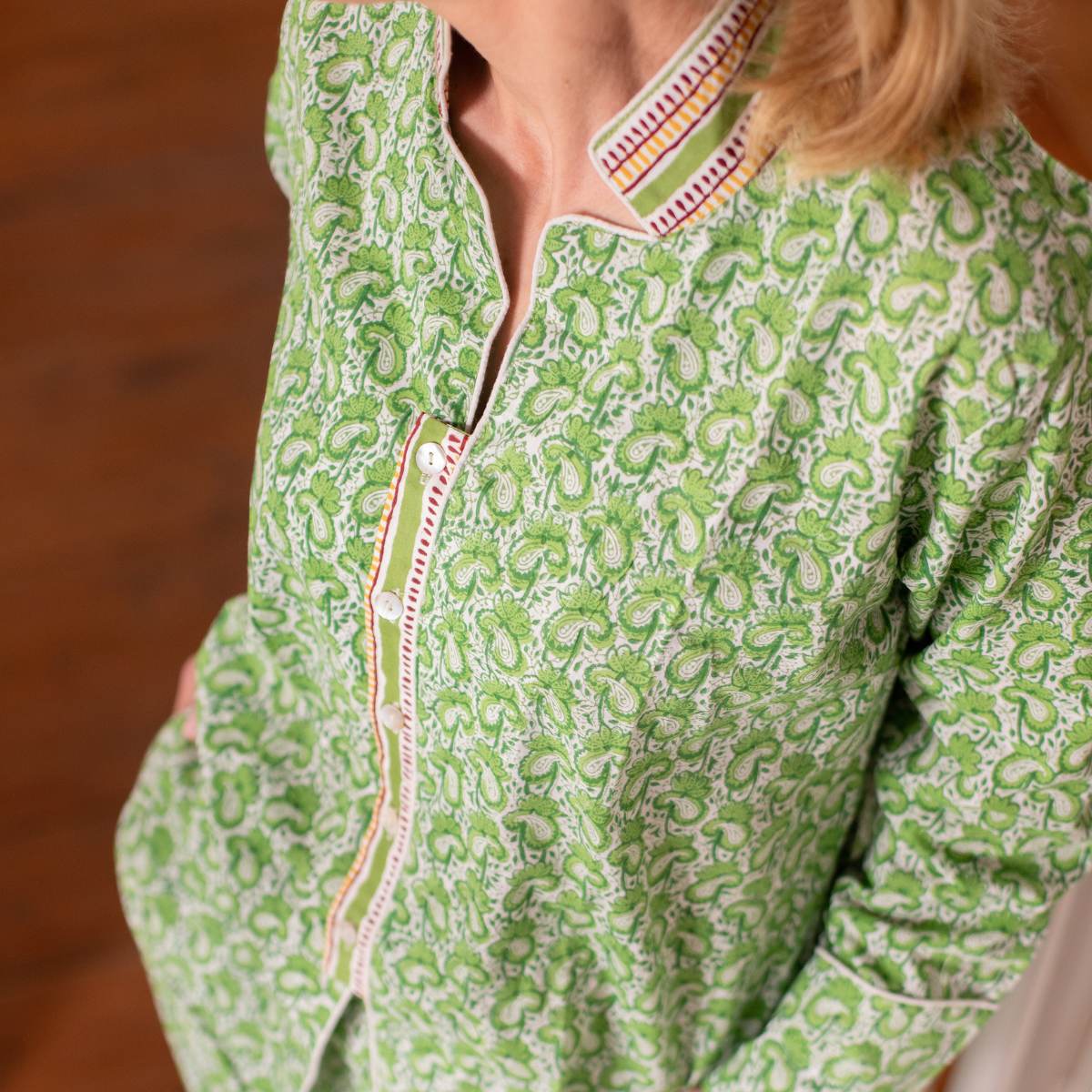 LUNA Verde Blockprint Long Cotton Pyjamas