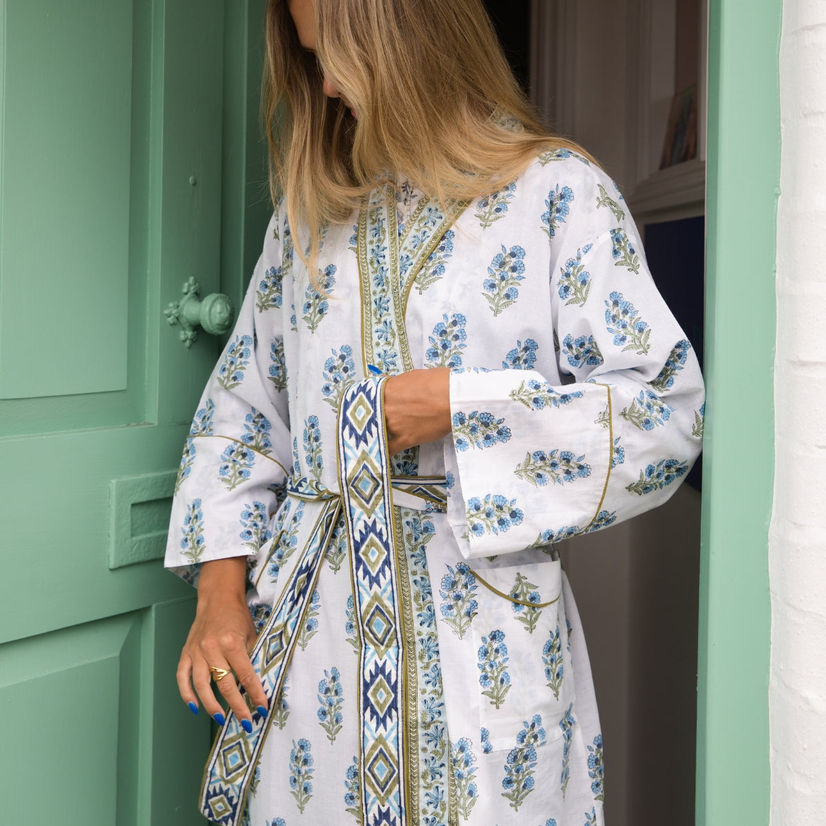 LUXOR Blue Blockprint Dressing Gown