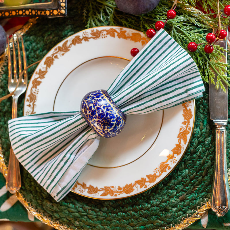 FOREST GREEN Striped Blockprint Napkins